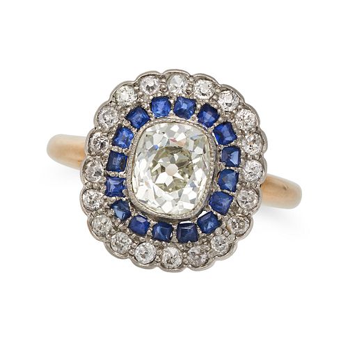 AN ANTIQUE DIAMOND AND SAPPHIRE CLUSTER RING in 18ct yellow gold, set with an old cut diamond of ...