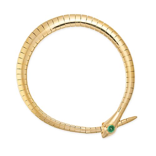 A FINE VINTAGE EMERALD SNAKE NECKLACE in 18ct yellow gold, the head set with a round cabochon cut...