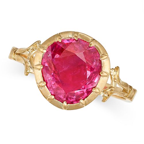 A 4.12 CARAT BURMA NO HEAT RUBY RING in yellow gold, set with a round cut ruby of 4.12 carats, no...