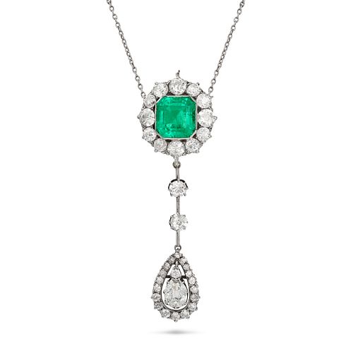 AN EMERALD AND DIAMOND PENDANT NECKLACE the pendant set with an octagonal step cut emerald of app...