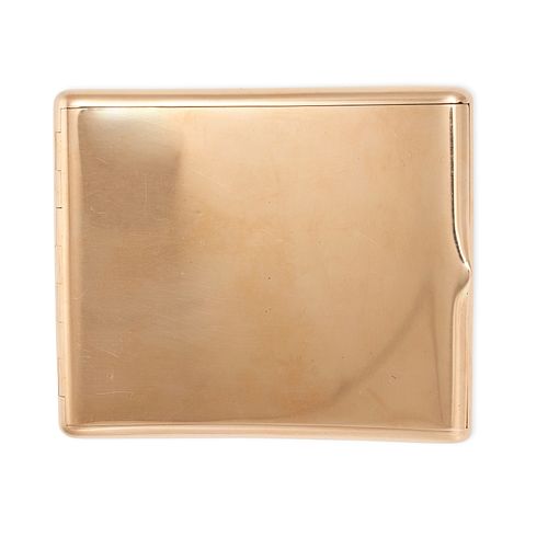 FABERGE, AN ANTIQUE GOLD CIGARETTE CASE in 56 zolotnik gold, the curved body with a hinged lid re...