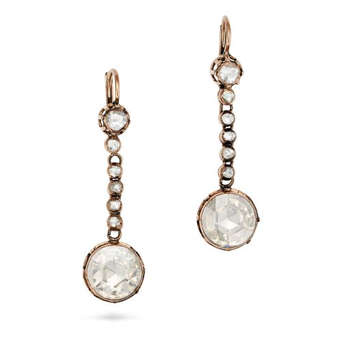 AN ANTIQUE EARRINGS AND RING SET in yellow gold, the earrings comprising a row of rose cut diamon...