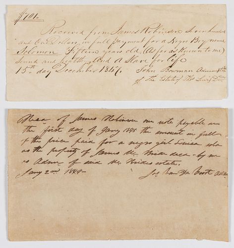 VIRGINIA ATTRIBUTED SLAVE MANUSCRIPT SALES RECEIPTS, LOT OF TWO