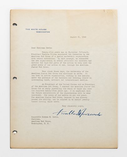 FRANKLIN D. ROOSEVELT (1882-1945) PRESIDENTIAL TYPED LETTER SIGNED TO THE RED CROSS CHAIRMAN
