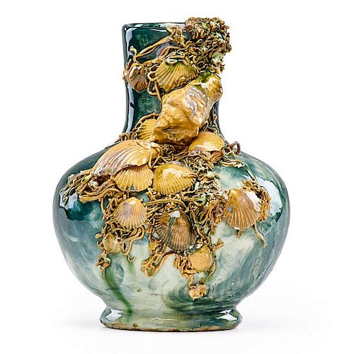 T.J. WHEATLEY Palissy ware vase w/ seashells