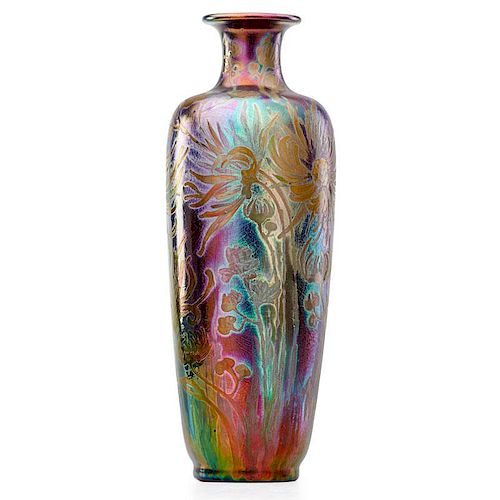 JACQUES SICARD; WELLER Tall vase w/ chrysanthemums