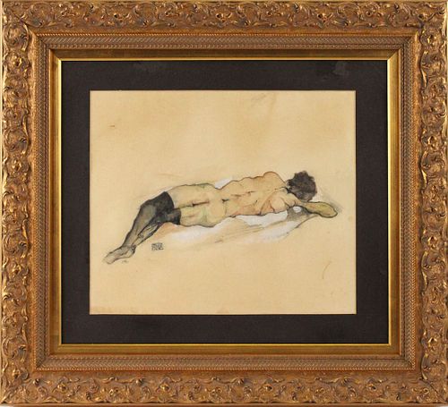 Attrib. Egon Schiele, Mixed Media, Reclining Nude