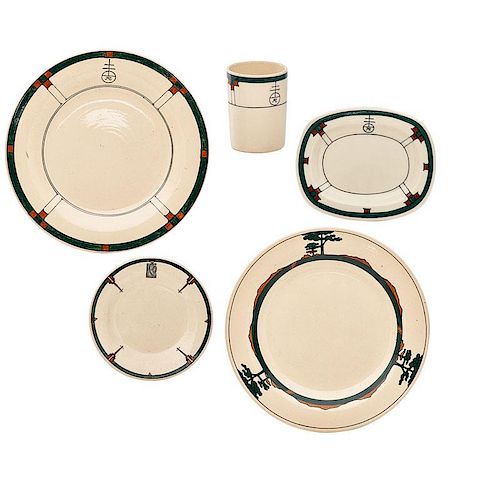 DARD HUNTER; ROYCROFT Five pieces of dinnerware