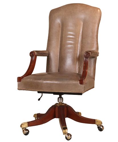 Brass Mounted Leather and Mahogany Desk Chair