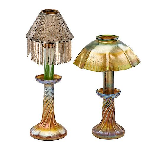 TIFFANY STUDIOS; GORHAM Two Favrile glass candle lamps