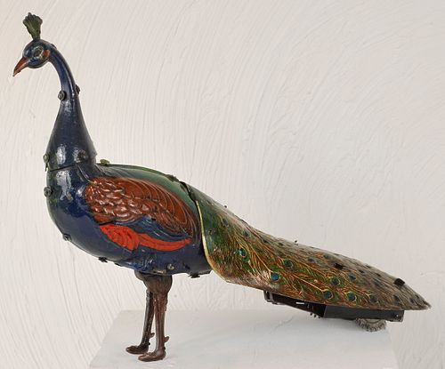 Hans Ebrle painted tin wind-up peacock, 9 1/2'' l.