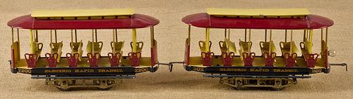 Two Lionel Electric Rapid Transit trolley cars,