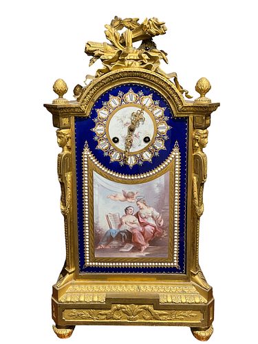 Antique French Gilded Bronze Paint Porcelain Clock