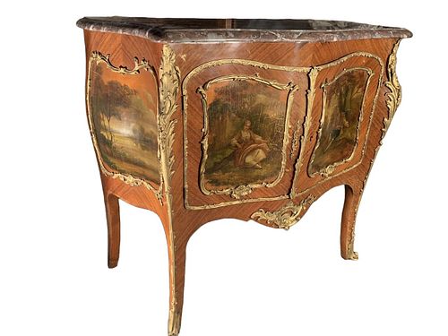 French Hand Painted Gilded Bronze Marble Commode