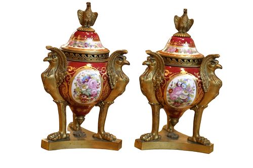 Pair Of French Hand Gilded Bronze Painted Urns