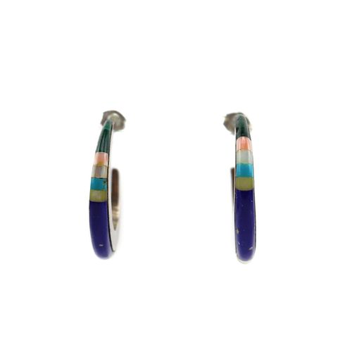 NO RESERVE - Navajo - Multi-Stone Inlay and Silver Post Hoop Earrings c. 1980s, 1.125" x 0.125" (J15644-002)