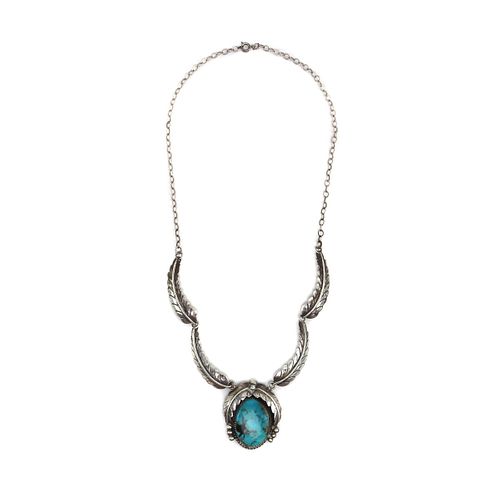 NO RESERVE - Navajo - Natural Turquoise Stone and Silver Necklace with Feather Design and Handmade Chain c. 1960s, 20" length (J15738-032)