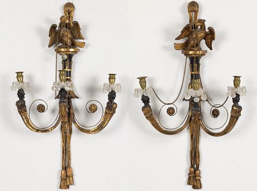 Pair American Giltwood 3-Light Wall Sconces, 19th C