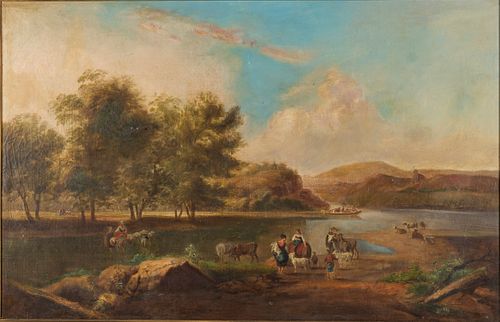 Large Landscape with Figures & Cows by a River, Oil