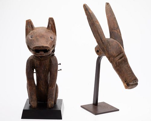 African Fetish Dog Figure and Carved Donkey Head