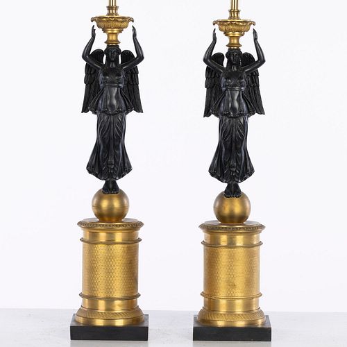 Pair Louis XVI Style Gilt Bronze Candlestick Lamps