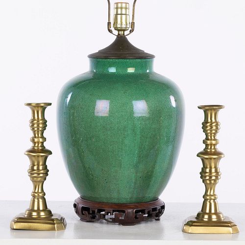 Chinese Green Ceramic Lamp & 2 Brass Candlesticks