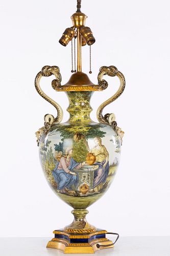 Large Majolica Painted Ceramic Lamp