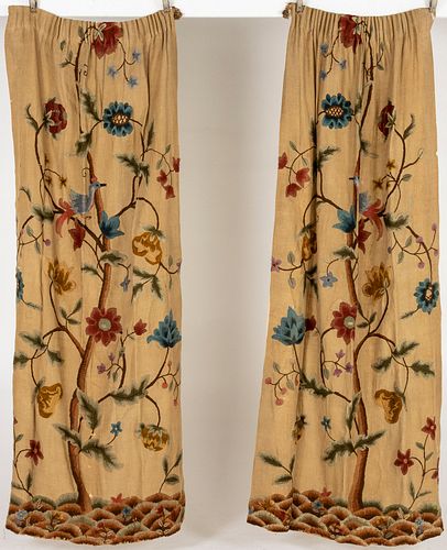 Pair of Crewelwork Drapery Panels, Probably 18th C