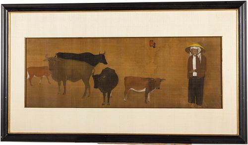 Nguyen Dinh Tuyen, Figure & Cows, W/C on Silk, 1999