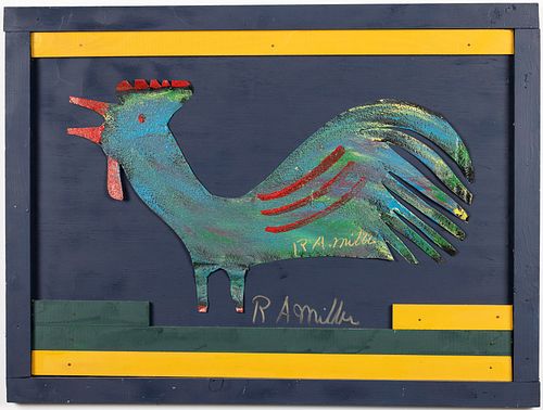 R. A. Miller (GA, 1912-2006) Metal Rooster on Board 