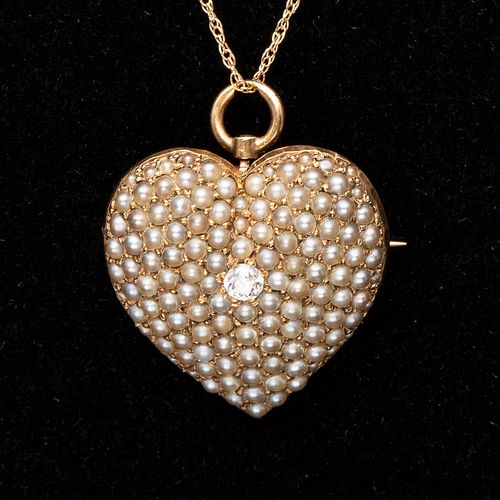 Victorian 14K Diamond and Seed Pearl Pin on Chain