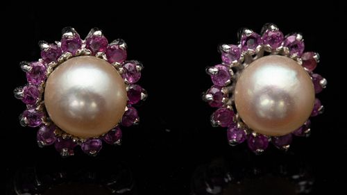 Pair of 18k White Gold Pearl and Ruby Earrings