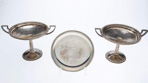 Pair of Sterling Silver Compotes and a Plate