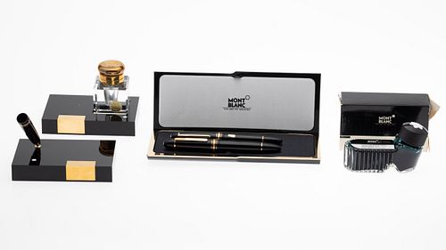 2 Mont Blanc Pens, Pen Holder, Inkwell and Ink