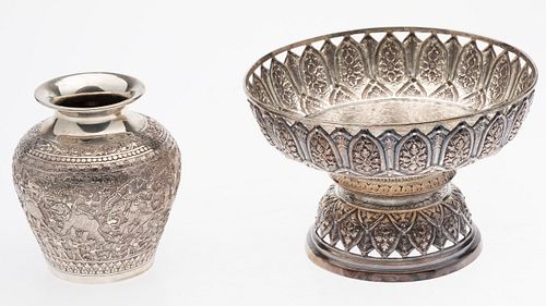 Burmese Silver Vase and Lotus Form Bowl