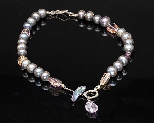 Black Pearl and Semiprecious Stone Necklace