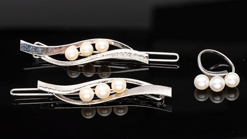 Pair of Sterling & Pearl Hair Clips & a Pearl Ring