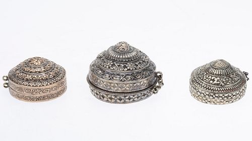 Three Small Burmese Silver Lidded Boxes, Unmarked