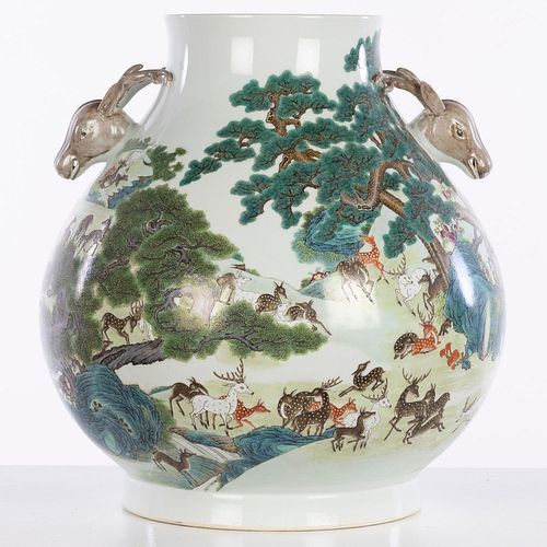 Chinese Famille Rose One-Hundred-Deer Hu Vase