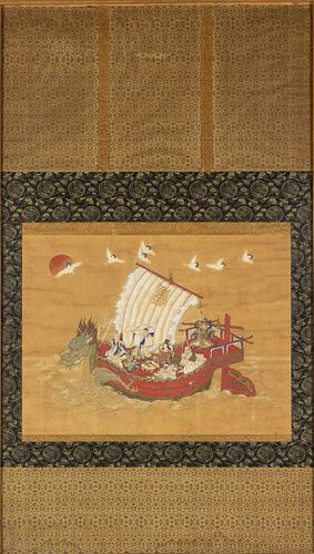 Japanese Meiji Period Dragon Ship Framed Scroll