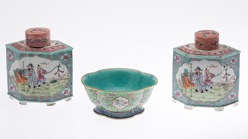 Pair of Chinese Ceramic Tea Caddies and a Bowl