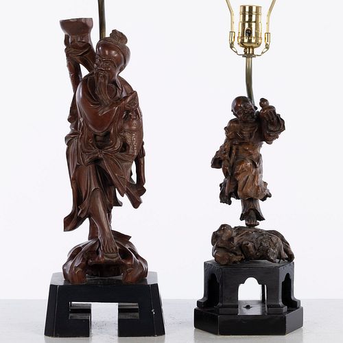 2 Chinese Wood Figurines Now Mounted as Lamps