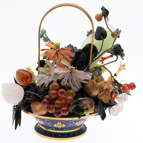 Chinese Hardstone and Cloisonne Enamel Fruit Basket 