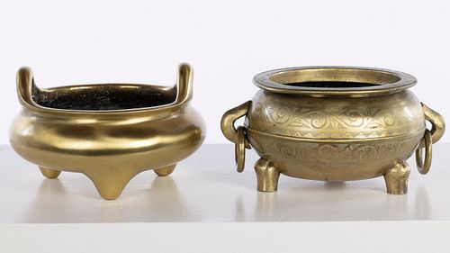 Two Chinese Archaic Form Brass Tripod Censers