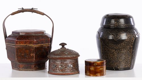 Three Asian Lacquer Boxes and Chinese Basket