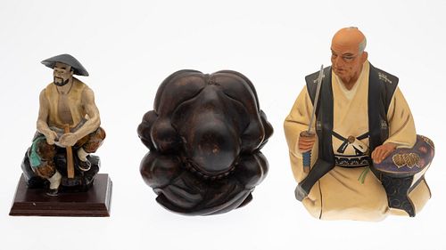 2 Japanese Ceramics and Wood Figural Group, 3 Pcs.