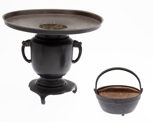 Japanese Brass Footed Vase and a Small Cauldron
