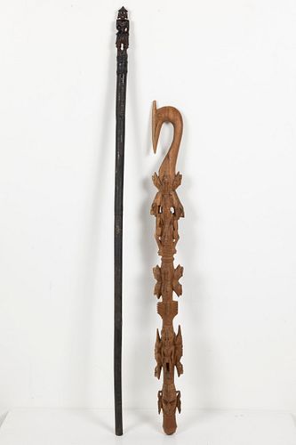 Two Carved Wood Walking Sticks, Indonesia