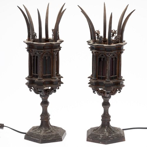Pair Renaissance Revival Metal & Glass Table Lamps
