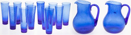 12 Biot Blue Bubble Glasses with Two Pitchers
